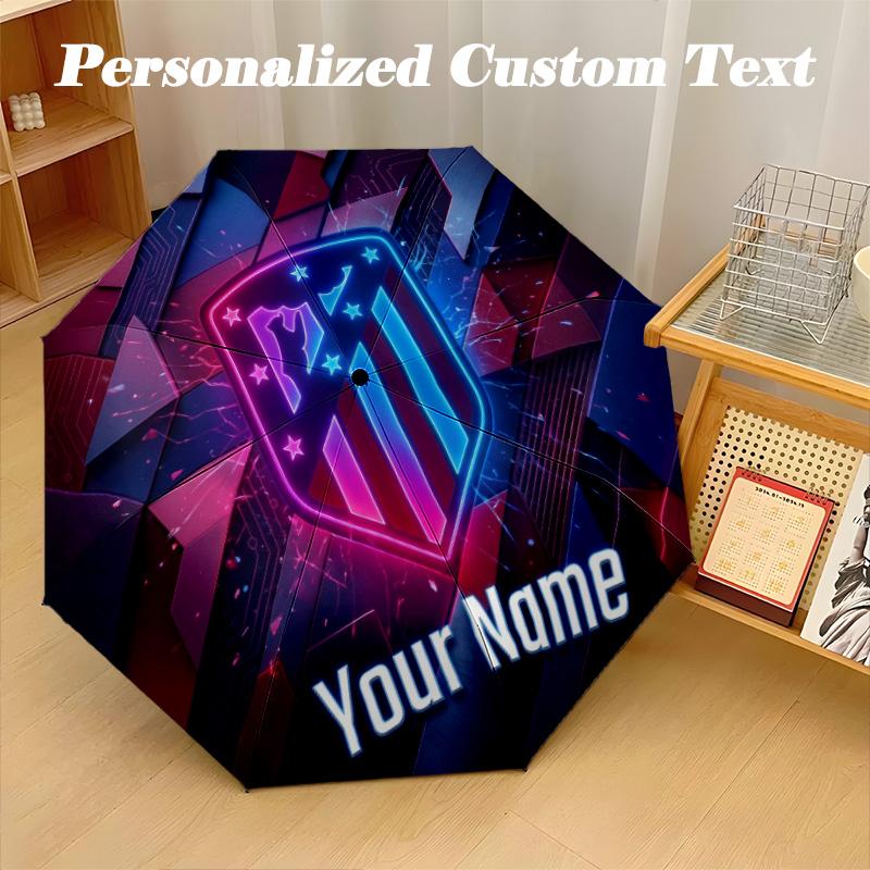 8 Rib Auto Folding Umbrella Atletico Madrid Print Custom Name Text Portable Rain Gear