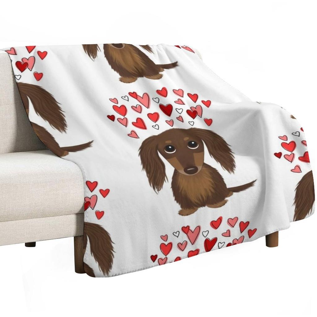 Hearts Dog Longhaired Chocolate Dachshund Cartoon Dog with Valentine Hearts Throw Blanket Fathers day blanket gift
