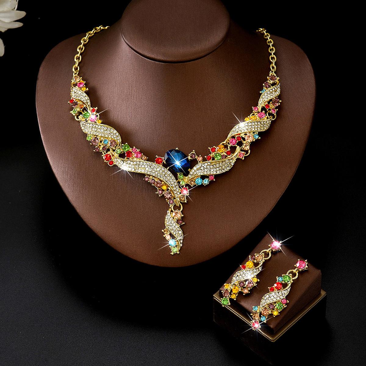 2026 Ethnic Style Flower Exaggerated Necklace Earrings Set Combination Jewelry Bridal Accessories Dress 45CM