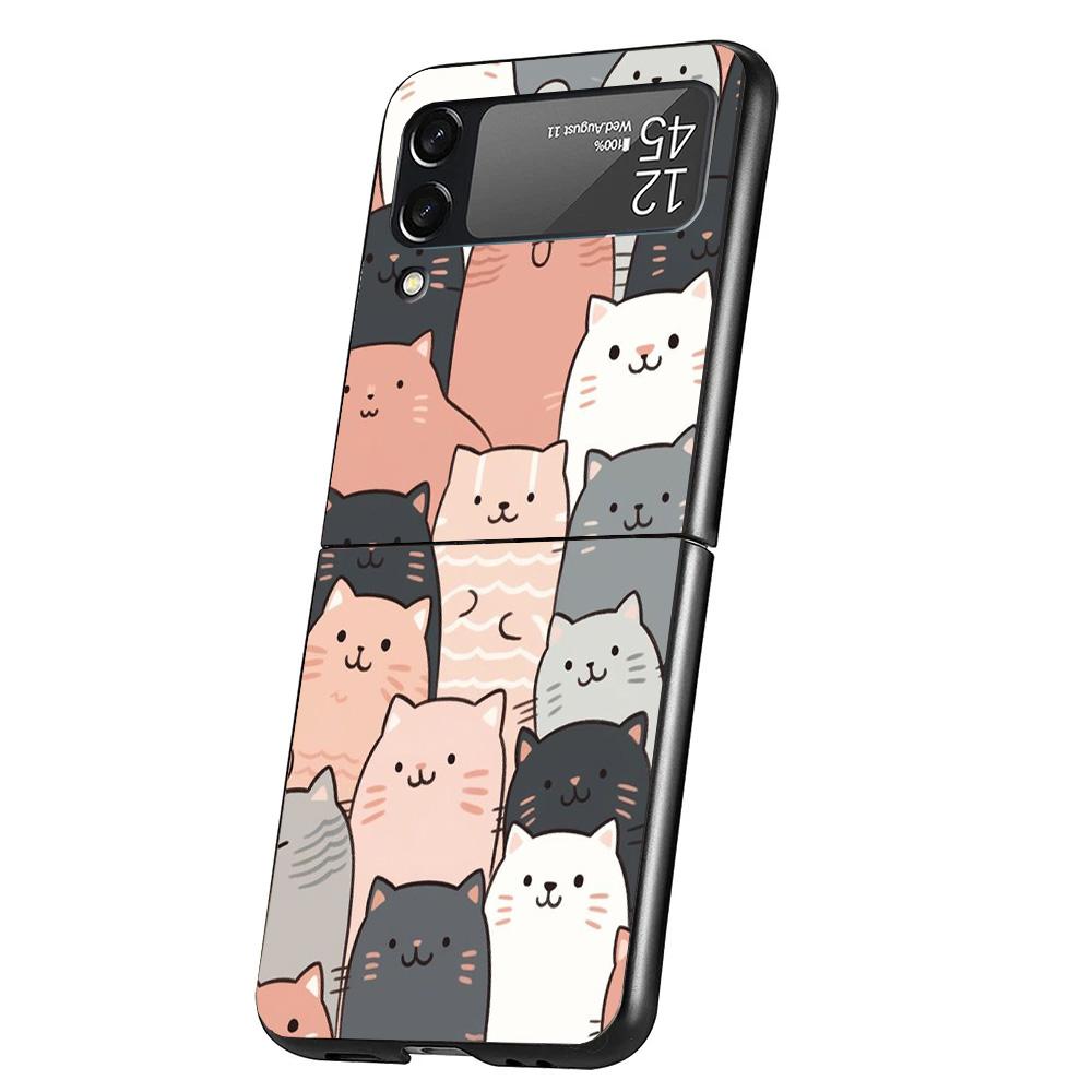 Cartoon Cute Cats Background Case Phone Cover for Samsung Galaxy Z Flip 6 5 4 3 5G ZFlip6 ZFlip5 ZFlip4 ZFlip3 Black Hard Trend