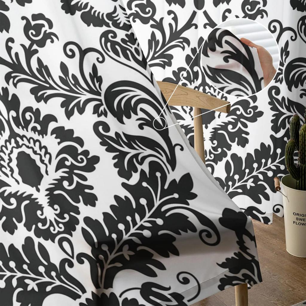 Black And White Pattern Baroque Curtain Tulle Decorative Sheer Curtains for Living Room Bedroom Kitchen Hotel Home Window Panels