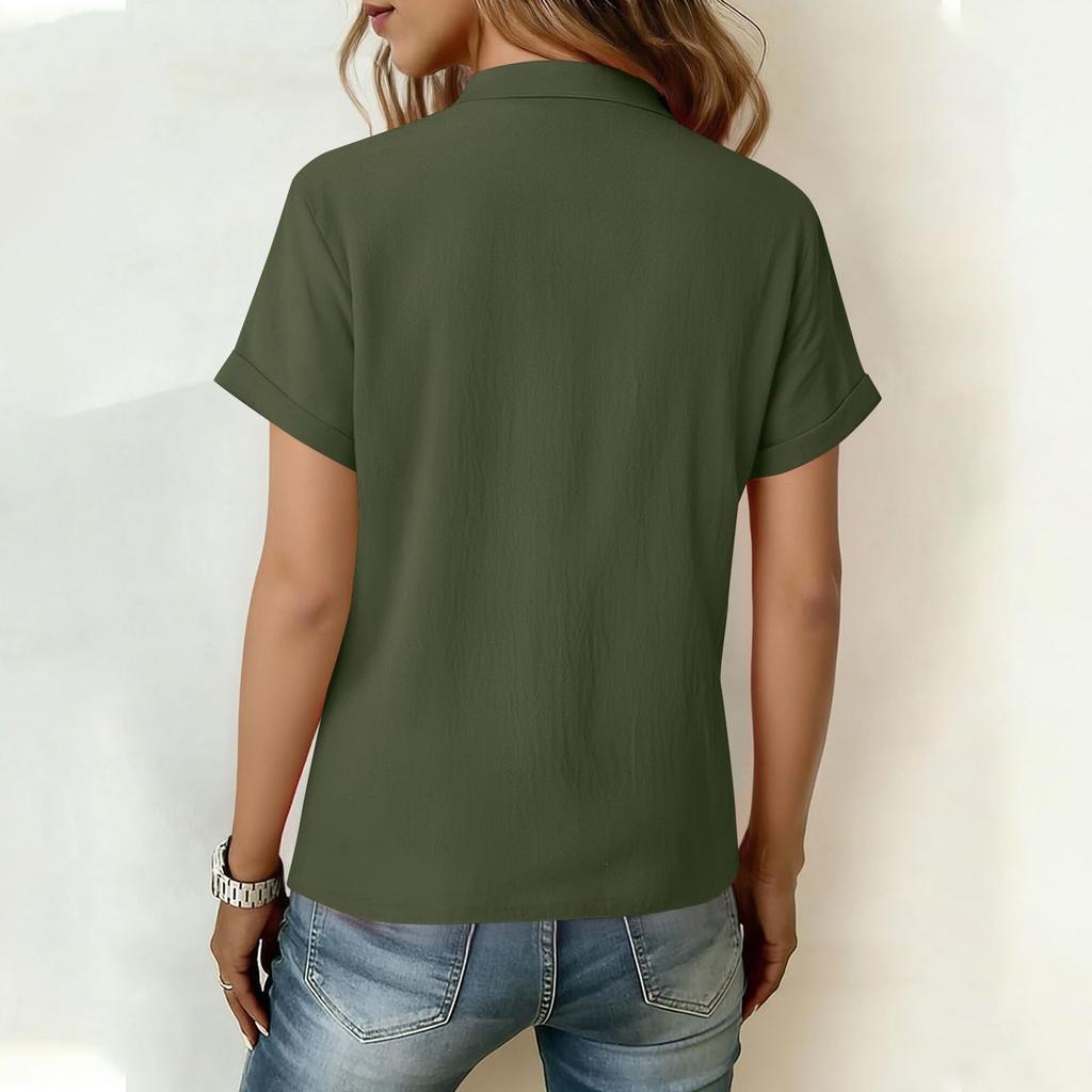 Women's Casual Short-Sleeve Cotton Linen Ruffled Button-Up Shirt