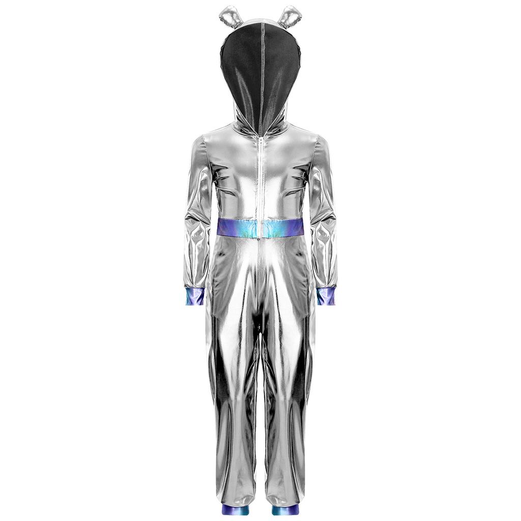 Mädchen Alien Halloween Kostüm Metallischer Glanz Kapuze Langarm Reißverschluss Vorne Jumpsuit Kostümparty Outfit
