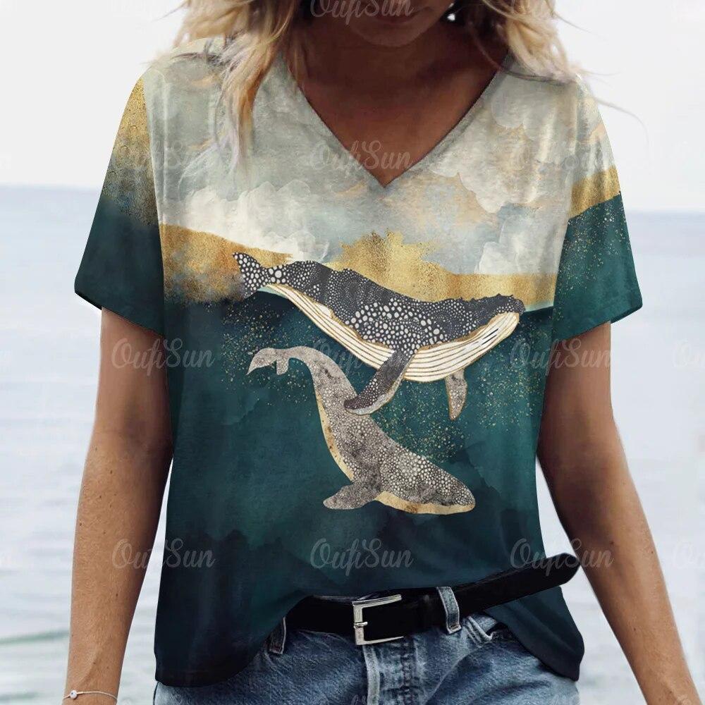 Top Women Sea Animals Printed T-Shirt For Women Oversized T-Shirts Women's Trending Clothing Summer Cheap  Beach T-shirt