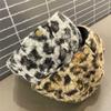 Pu Leather Brim Leopard Print Berets Keep Warm Women Newsboy Caps Lamb Wool Berets Hat  Female
