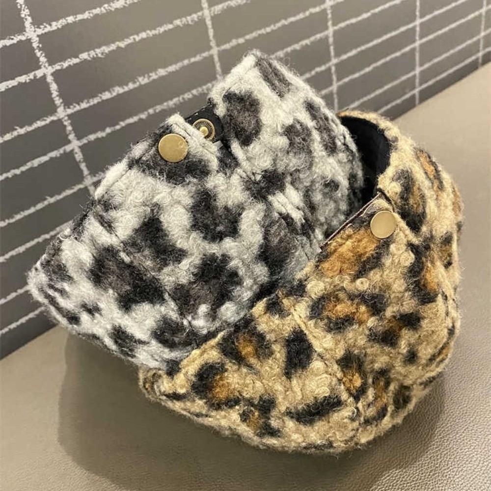 Pu Leather Brim Leopard Print Berets Keep Warm Women Newsboy Caps Lamb Wool Berets Hat  Female