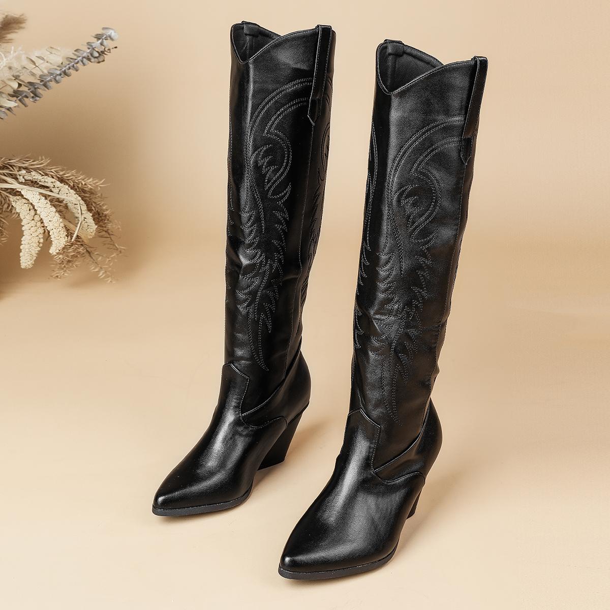 

Eiyken Autumn Winter Punk Style Designer Totem Long Booties Square Heels Pointed Toe Women Knee-High Boots Shoes 35 чёрный