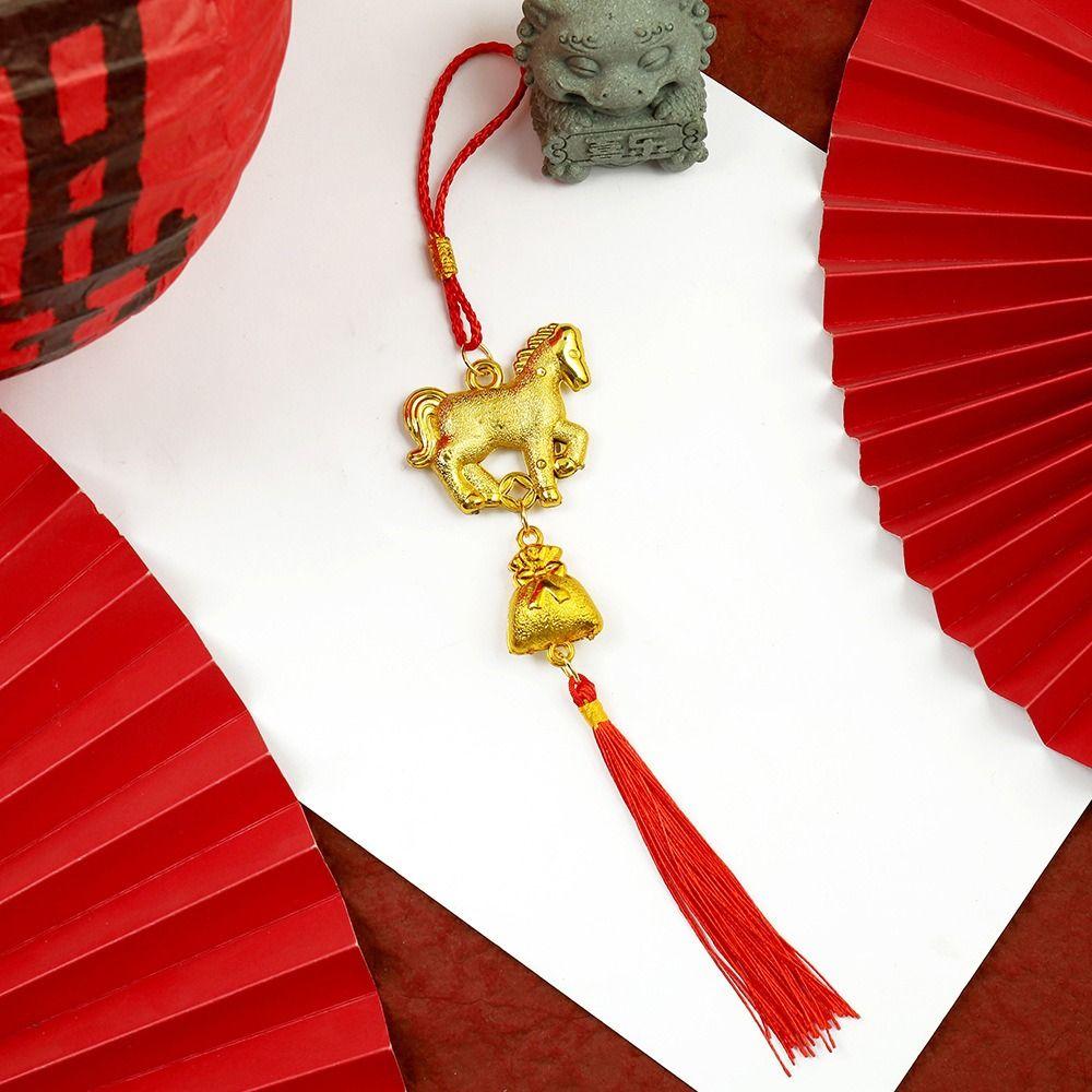 Red Gold Color Spring Festival Pendant with Tassel Zodiac Horse Pendant  Wall Hanging Ornament