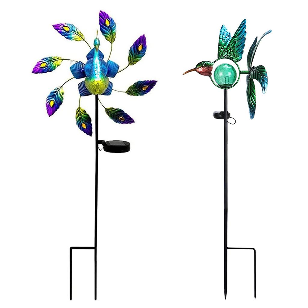 Solar Birds Windmill Light 3D Iron Wind Spinners Ground Plug Light Colorful Lighting Ornaments Home Decor for Courtyard Garden