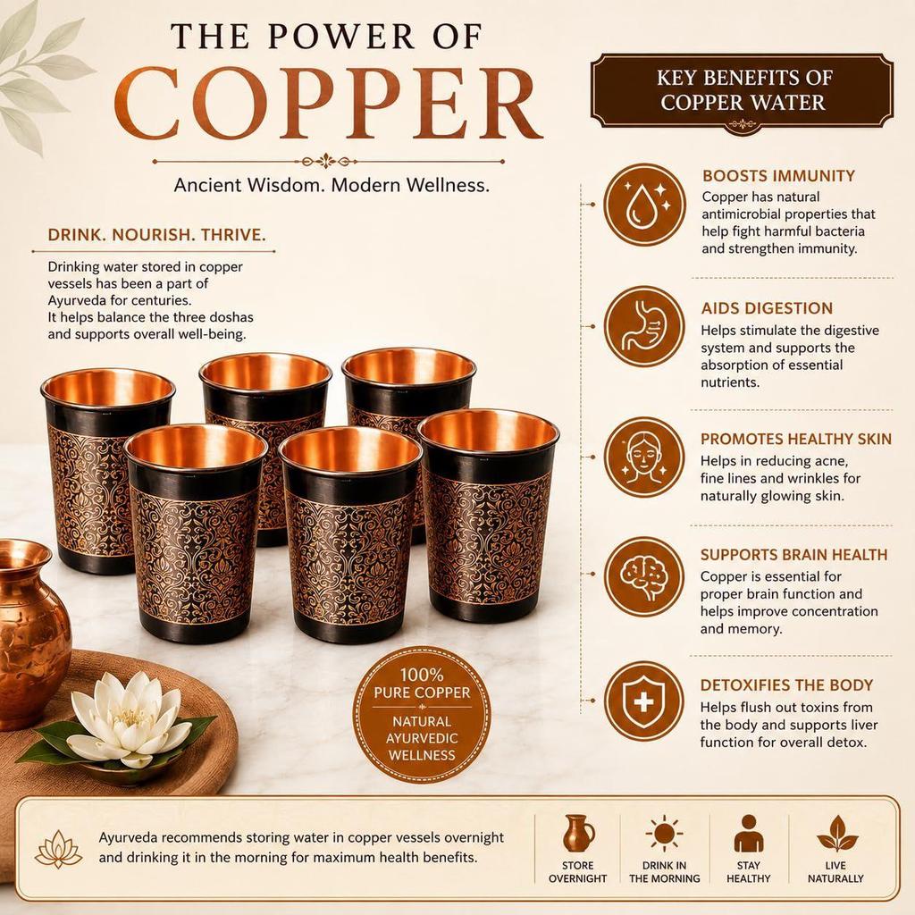 Pure Copper Water Glass Set of 6 with Elegant Etching Design, 300ml Handmade Ayurvedic Drinking Tumblers for Daily Use, Dining