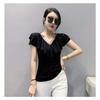 Summer Short Sleeved V Neck Women's T Shirt Elegant Slim Hot Drilling Ruffles Mesh Tees