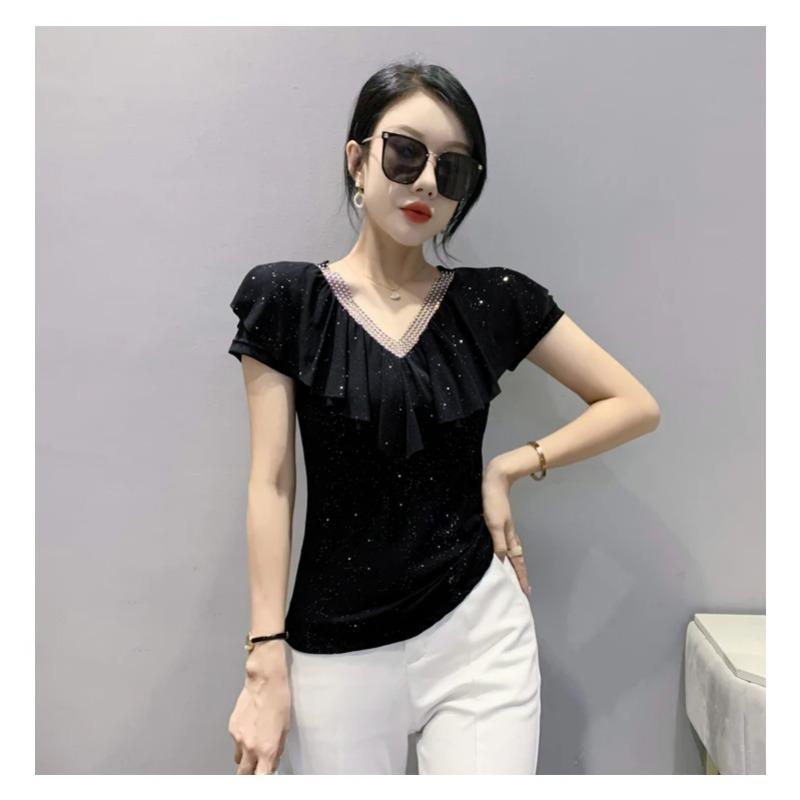 Summer Short Sleeved V Neck Women's T Shirt Elegant Slim Hot Drilling Ruffles Mesh Tees