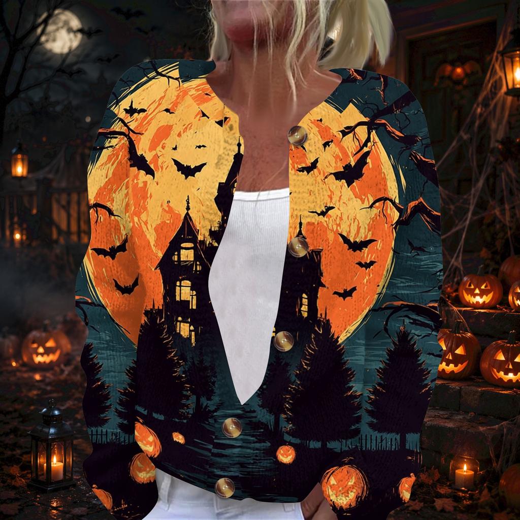 Women's Long Sleeve Knit Cardigan with Halloween Print Button Front