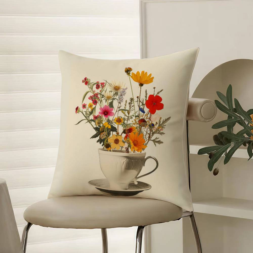 Painting Cup of Flowers Pillow Case Comfort Sofa Bed Silky elegant Invisible zipper Decorative cushion cover
