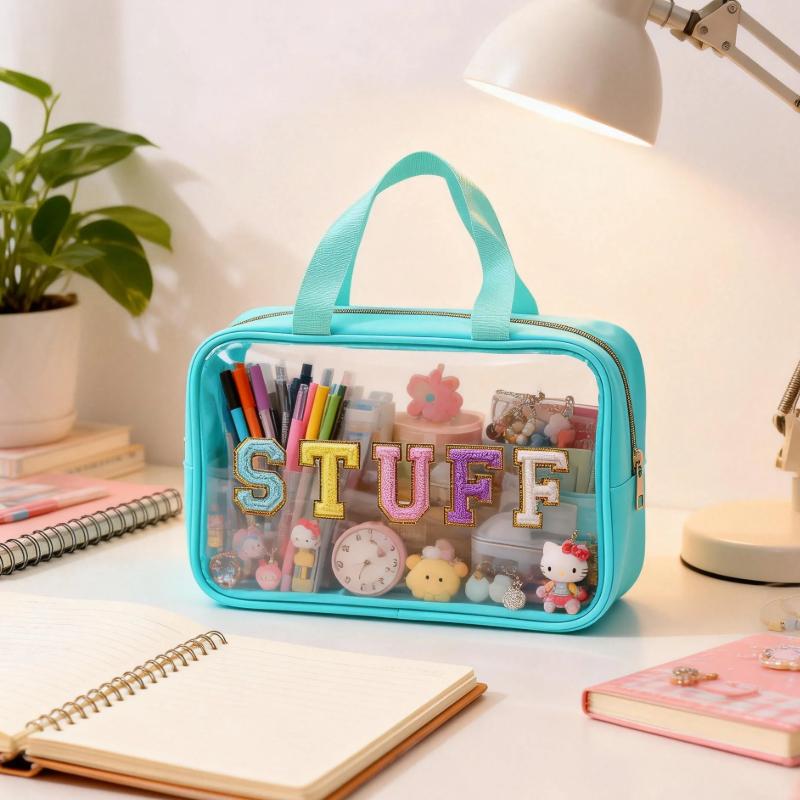 Transparent Cosmetic Bags with Chenille Letters - Large-Capacity Travel Toiletry Organizers