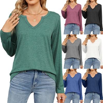 Women's Long Sleeved Autumn And Winter Style Solid Color V-neck Long Sleeved Loose T-shirt Top