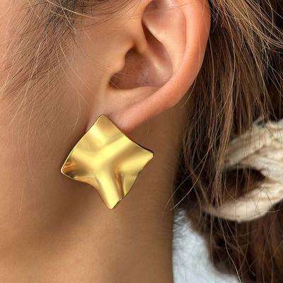 Vintage Metal Pleated Square Stud Earrings For Women Stainless Steel Gold Color Irregular Geometric Earrings Jewelry Daily Wear