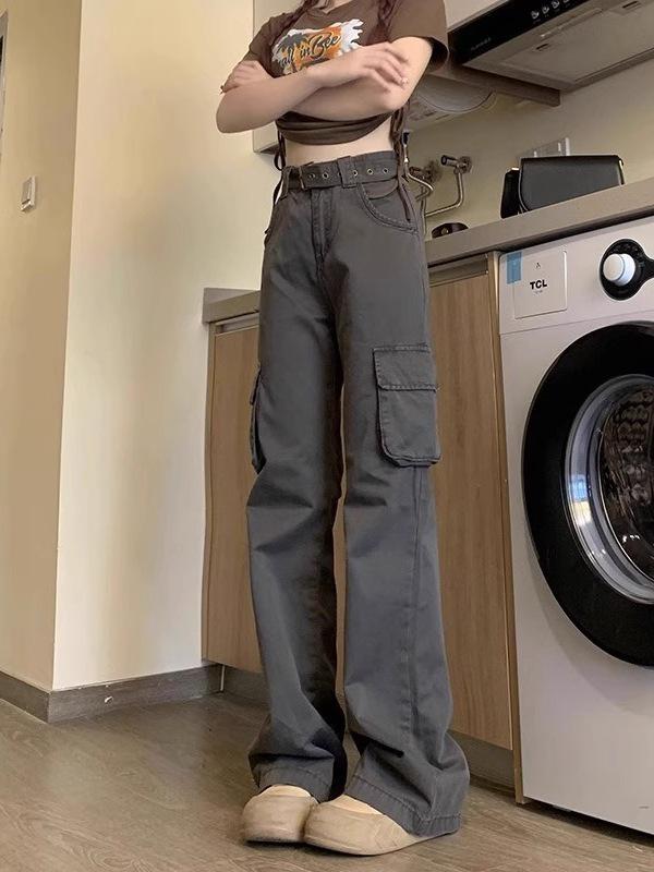 Women's High-Waisted Gray Flared Cargo Pants - Spring 2025 Collection