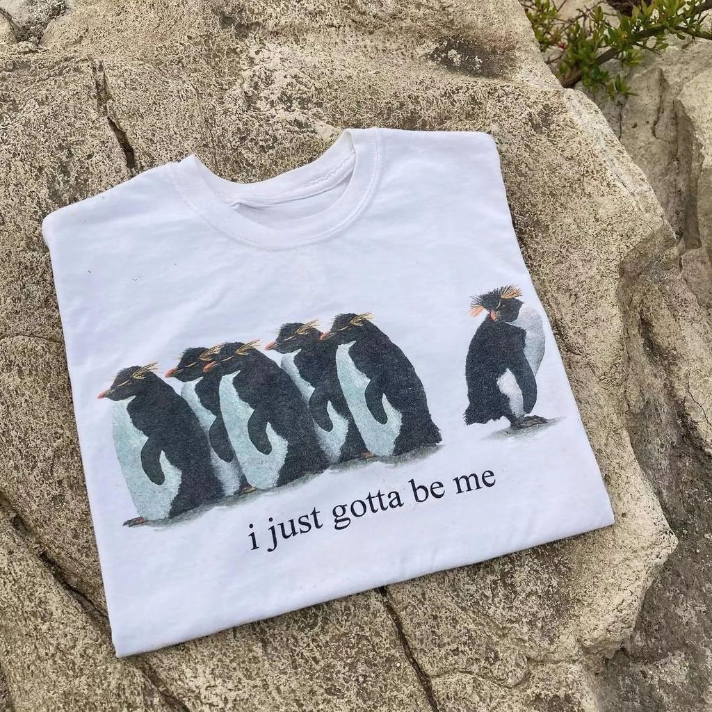 Tricou nou drăguț de modă cu pinguin mic, supradimensionat, larg, cu mânecă scurtă, cu un stil de nișă școlar, topuri, tricouri, unisex