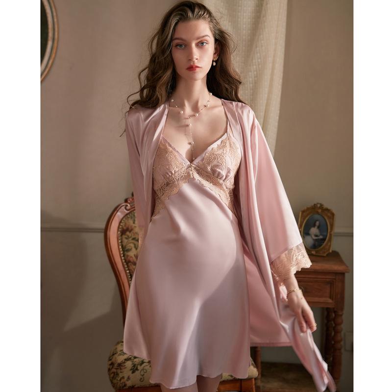 Silk Camisole Nightgown Set with Chest Pads & Embroidered Robe - Sexy Spring/Autumn Loungewear