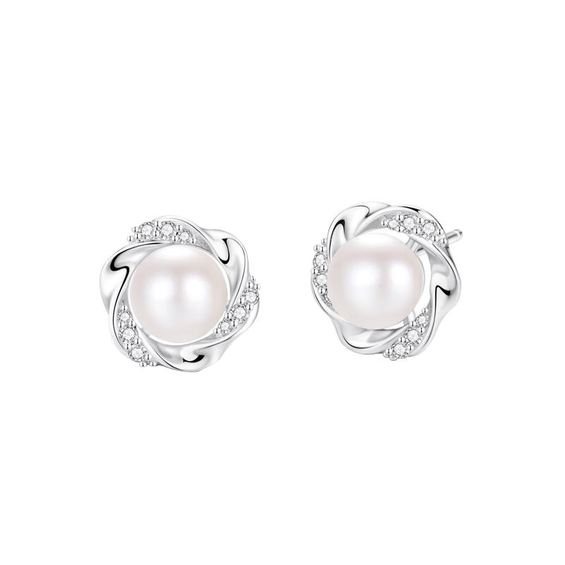GLTEN Mobius Knot Silver Pearl Stud Earrings