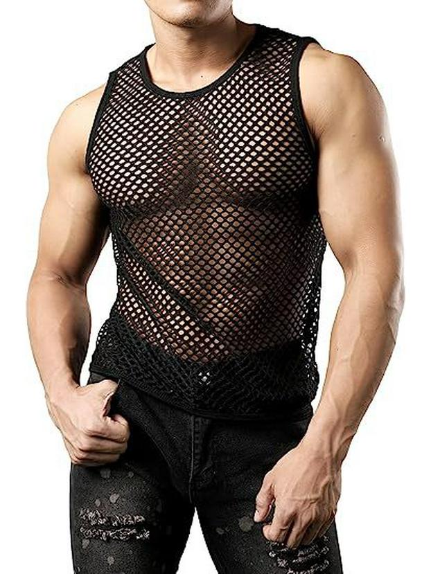 Men's Crew Neck Fishnet Tank Top - Breathable, Loose, Casual, Plus Size, European & American Style.