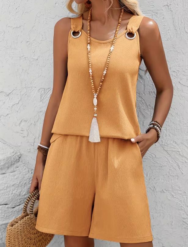 Western Spring Summer Fall New Solid Color Craft Fabric Double Pocket Sleeveless Top and Shorts, Vacation Style Elegant Casual Set