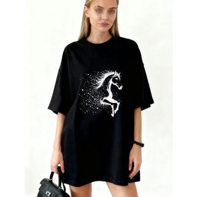 Oversized T Shirt Dress Black Horse Starry Print Casual Wear For Women