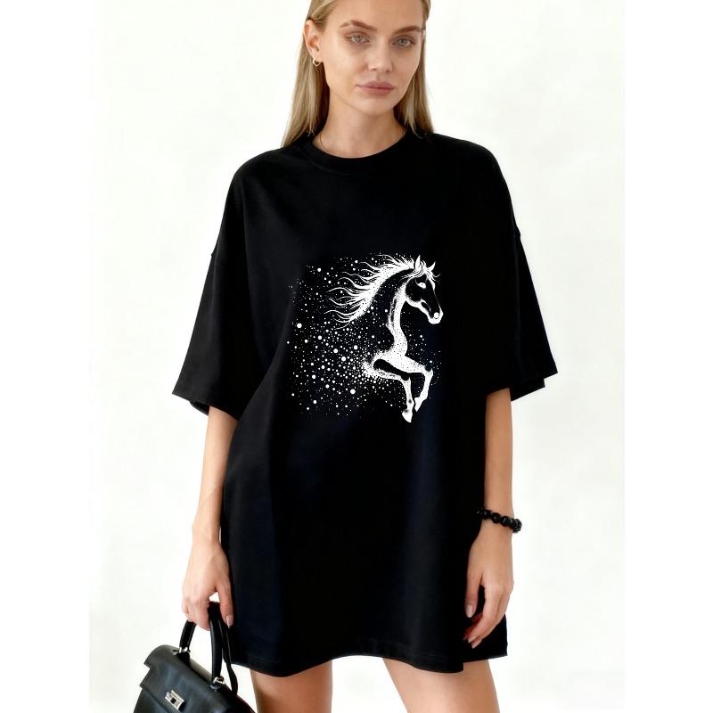 

Oversized T Shirt Dress Black Horse Starry Print Casual Wear For Women XXXXL чорний