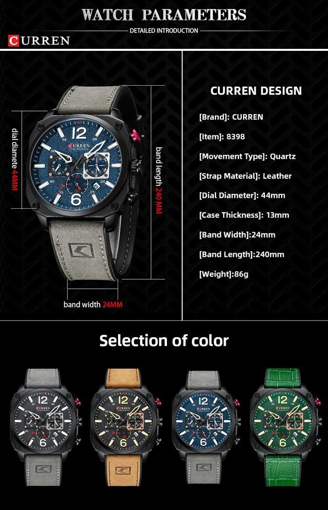 Curren 8398 Men's Multifunctional Leather Strap Calendar Watch