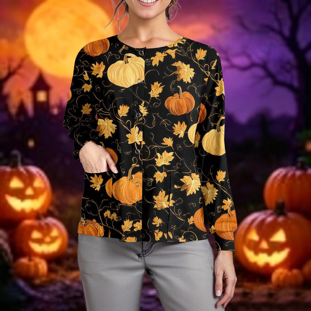 Women's Casual Long Sleeve Single Breasted Cardigan Halloween Print Medical Scrub Top Button Down Pullover Shirt