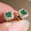 Huitan Eternity Green CZ Stud Earrings for Women Gold Color Luxury Bride Wedding Earrings Elegant Ear Accessories Party Zircon