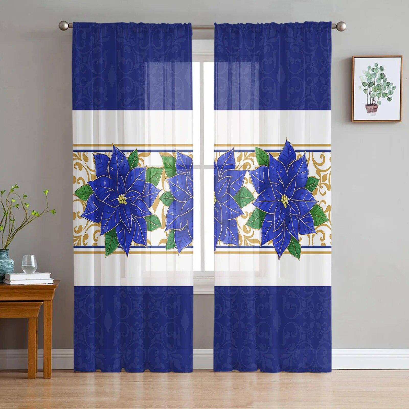 

Рождественско-зимняя тюлевая занавеска с цветами пуансеттии для гостиной, спальни, рождественское украшение, оконная вуаль, тюлевая занавеска 135W x 114H(cm)