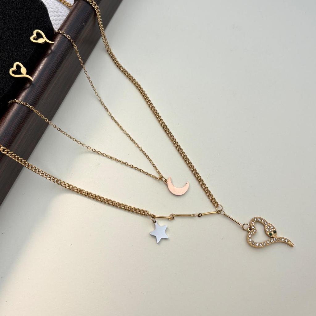 Double Layer Stackable Heart, Snake, Star & Moon Pendant Necklace & Earring Set: 3-Piece Clavicle Chain Jewelry Set