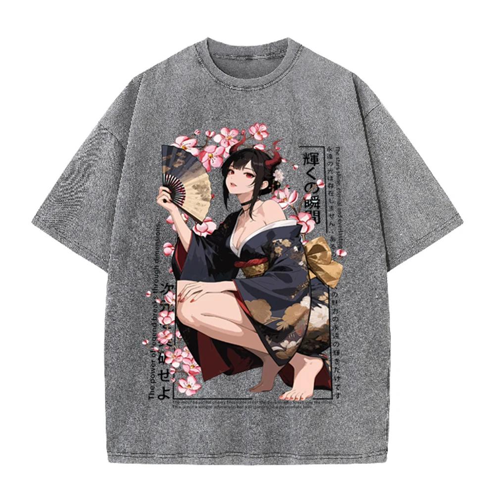 2026vintage Gewaschenes Beige Anime Kimono Mädchen Kirschblüten Grafik T-Shirt Japanischer Stil Druck Übergroß Lässig Kurzarm Tee