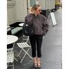 Giacca Bomber da Pilota da Donna Grigia Vintage con Collo Alto, Manica Lunga, Zip, in Pelle Scamosciata