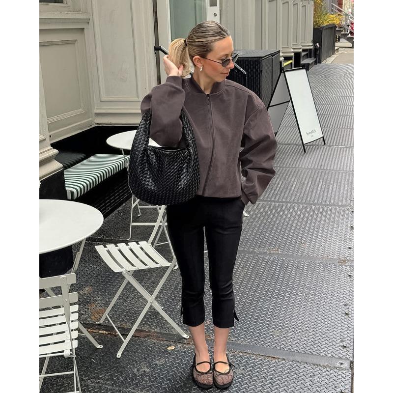 Giacca Bomber da Pilota da Donna Grigia Vintage con Collo Alto, Manica Lunga, Zip, in Pelle Scamosciata