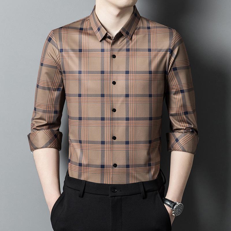 Autumn New Seamless Long-Sleeved Shirt Middle-Aged Men's Thin Plaid Shirt Dad Casual Shirt