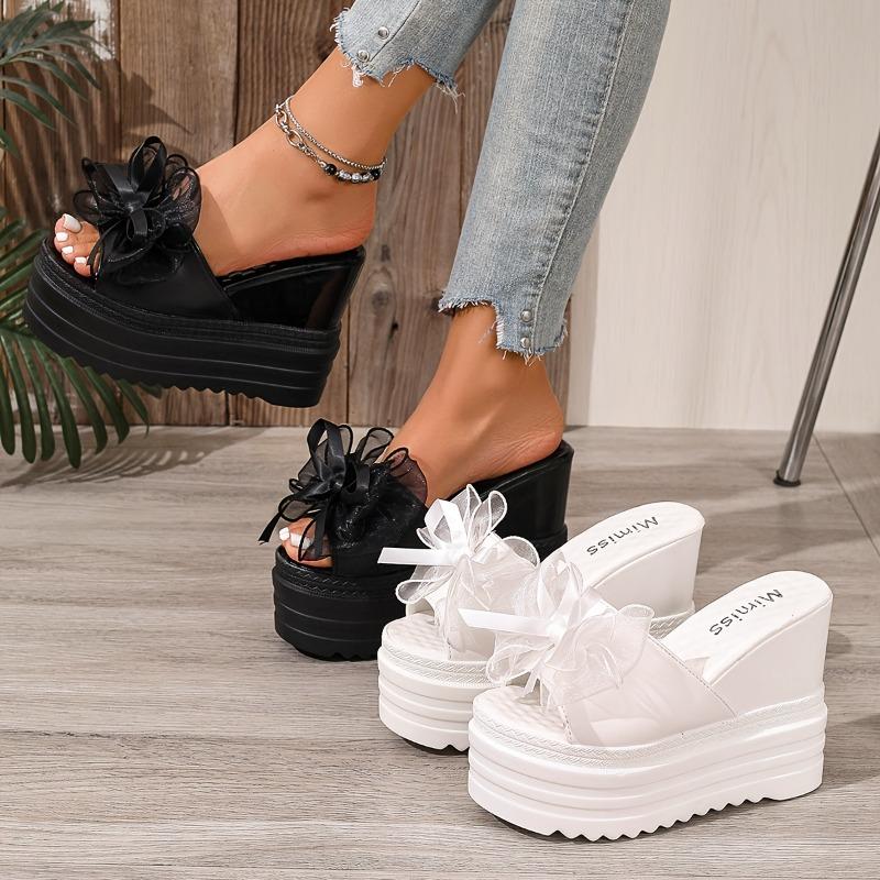 Women's Black Faux Cover Wedge Sandals with Floral Accent - 10cm Height Increase, Peep Toe, Thick Sole, Stylish Summer Platform Shoes for Casual