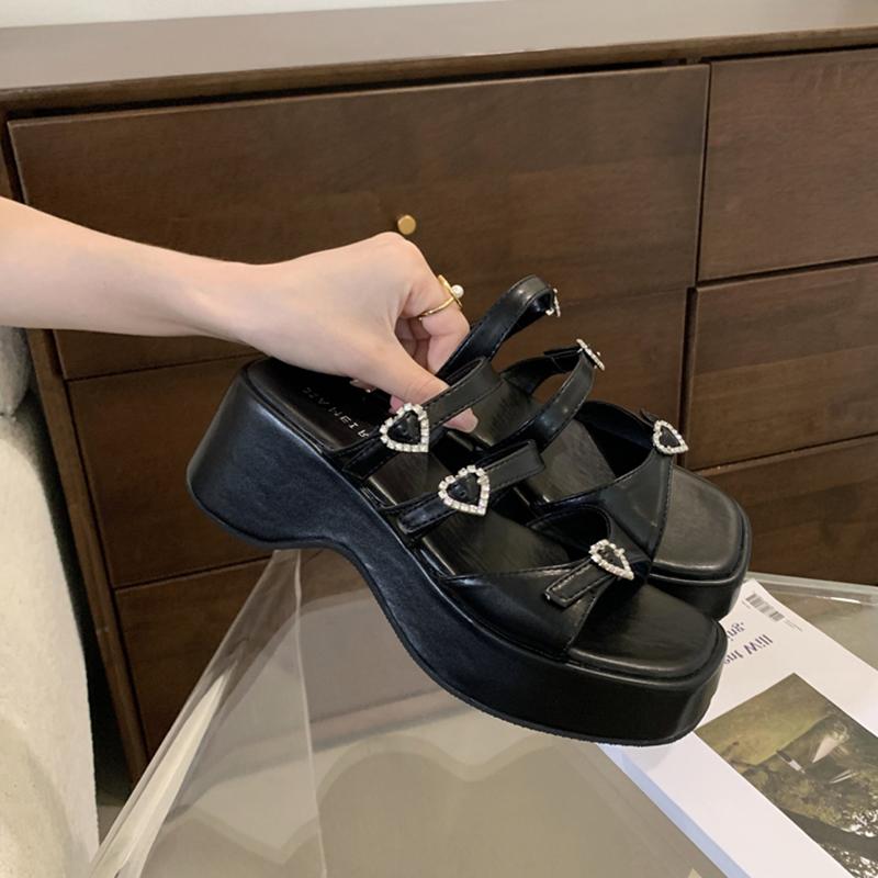 Summer Women Fashion Platform Heel Slippers Crystal Decoration Shoes Ladies Casual Dress Street Style Shoes Slides