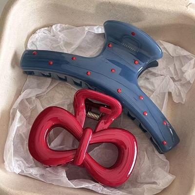 2 Peças/Conjunto Vintage Azul Bolinhas Laço Vermelho Presilha de Cabelo Garra de Tubarão Grampo de Cabelo Barrete Acessório de Cabelo Coreano para Mulheres