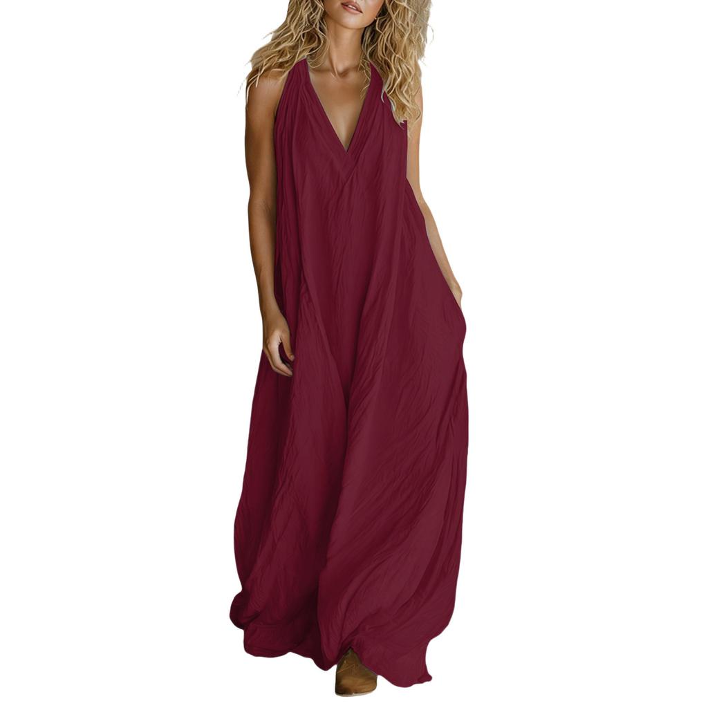 Women’s Casual Sleeveless Loose Fit V Neck Maxi Dress with Pockets Lightweight Solid Relaxed Long Sundress for Daily Wear