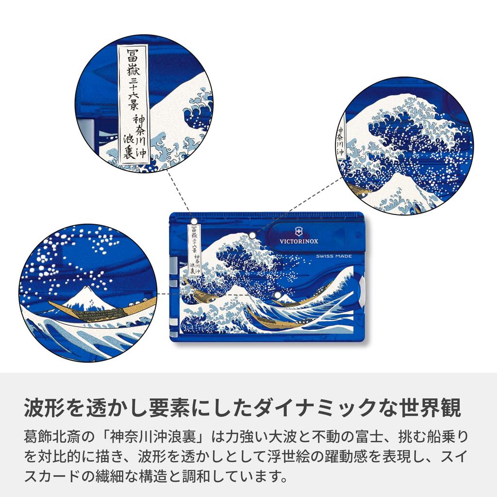 Victorinox SwissCard The Great Wave Off Kanagawa Blue Multifunctional Stationery Includes Scissors and Ballpoint Pen 10 Functions Swiss Made Compact