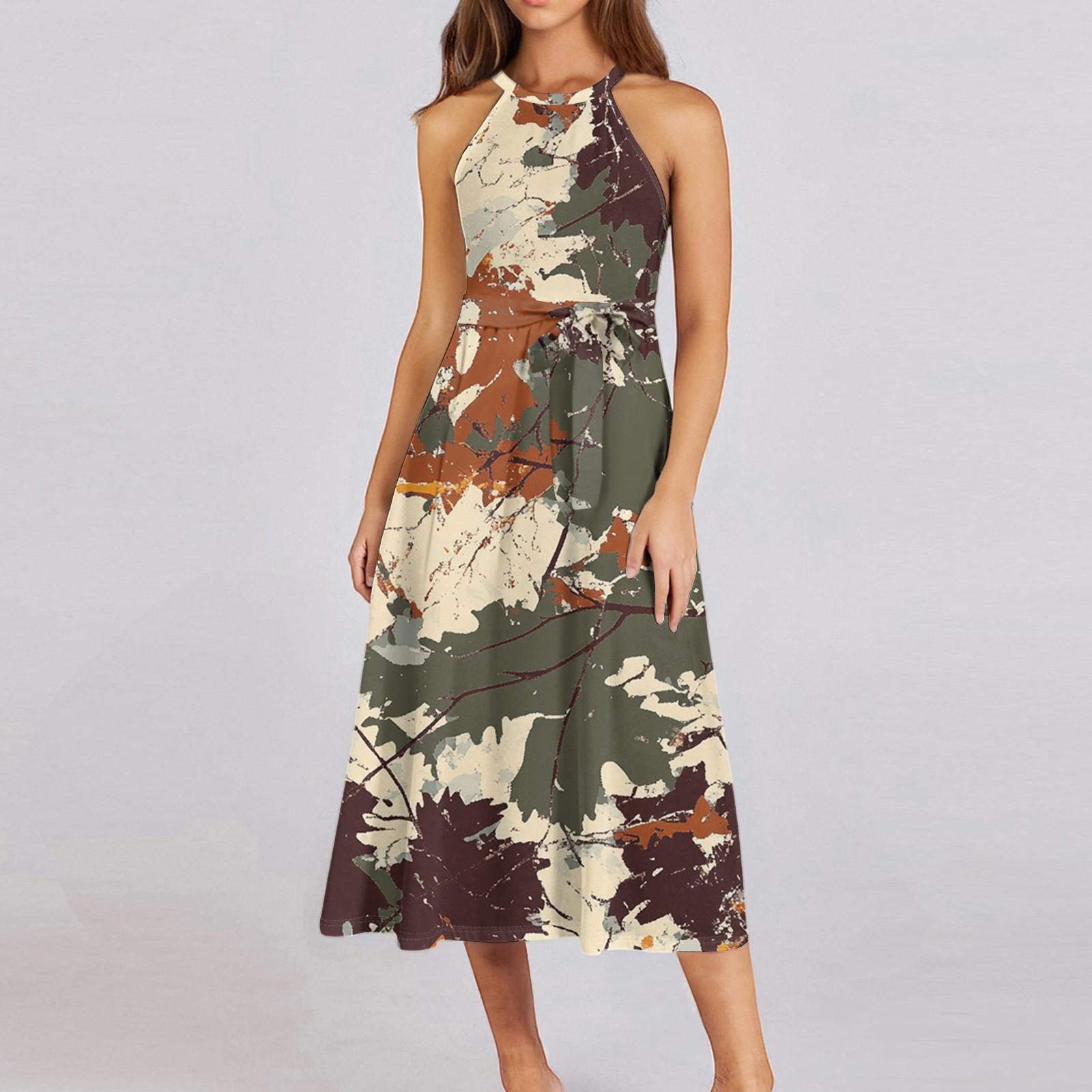 

Женское повседневное платье миди с круглым вырезом, классическое, повседневное, без рукавов, свободное платье в стиле бохо с завязками, летний пляжный сарафан S