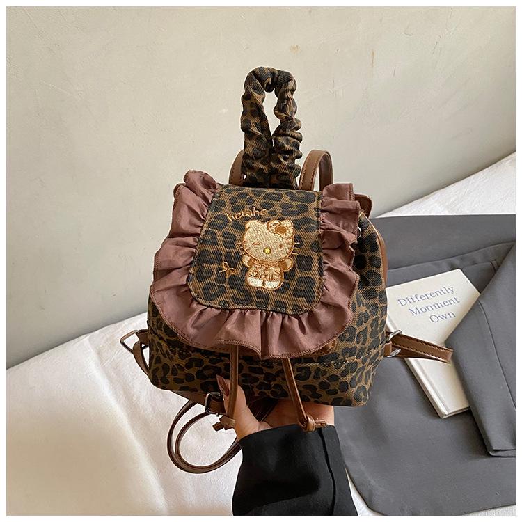 Hello Kitty Rucksack im koreanischen Retro-Stil mit Spitze und Leopardenmuster
