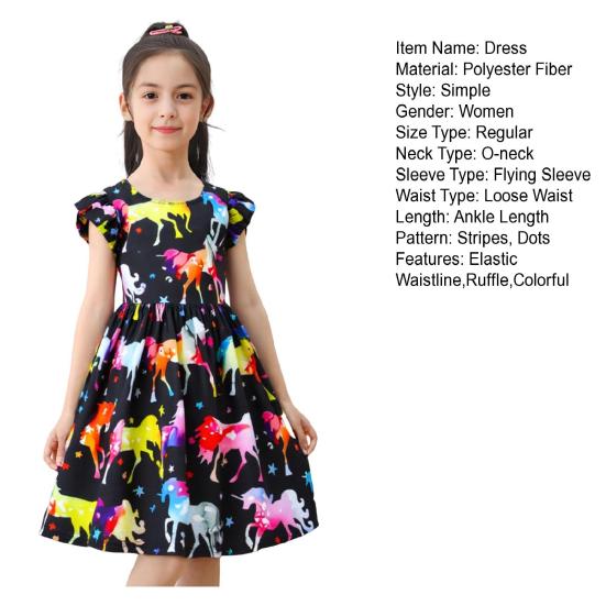 Colorful Cartoon Print Princess Dress Short Flying Sleeve Ruffle Dress for Girls Elastic Waist Long Dress for Daily Wear Birthday Photoshoot