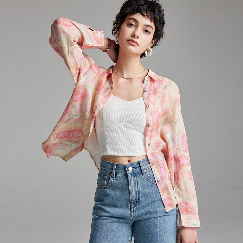 Women s 100% Ramie Printed Summer Loose-Fit Shirt L