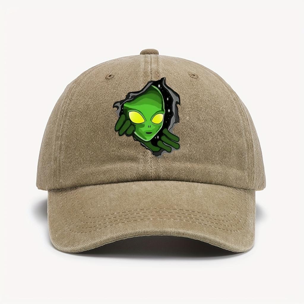1 Piece Green Vintage Washed Baseball Cap Alien Print Sun Hat Adjustable For Halloween and Outdoor Fashion Headwear