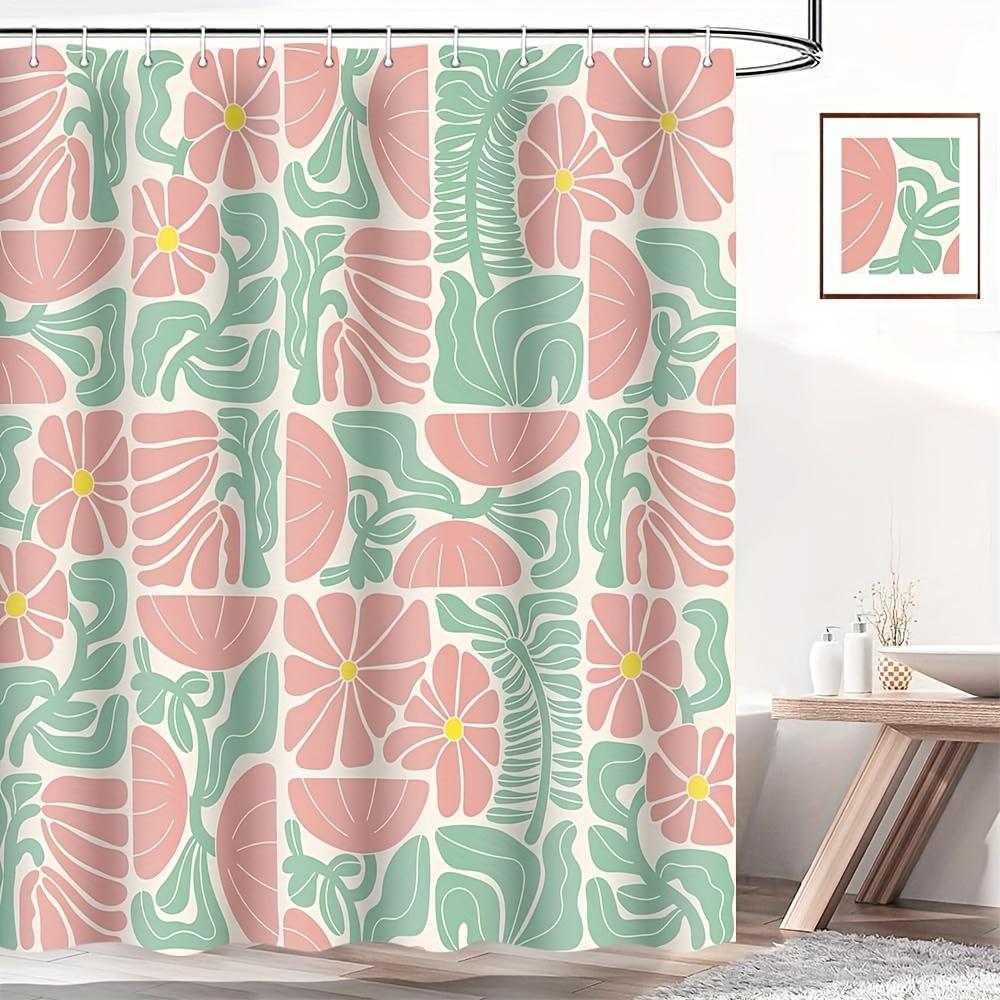 Boho Abstract Colorful Floral Shower Curtain – Vintage Patchwork Design, Pink & Green Flowers, Geometric Pattern