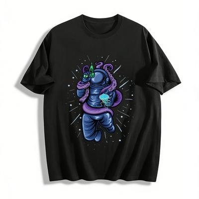 Octopus Astronaut Holding Jellyfish Graphic Print Short Sleeve T-shirt Pure Cotton T-shirt